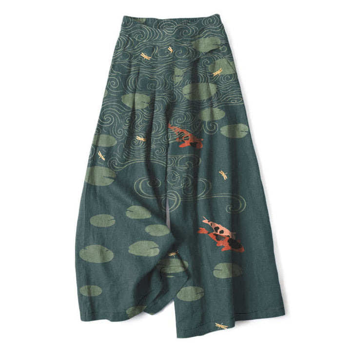 Buddha Stones Pantaloni da donna a gamba larga con elastico in vita e tasche, in cotone e lino, con stampa a onde di foglie di loto e pesci koi. - Verde acqua - US16, UK/AU20, EU48 (3XL) - image 7