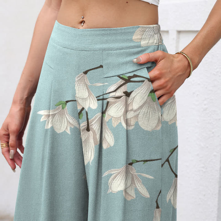 Buddha Stones Pantaloni da donna a gamba larga con elastico in vita e tasche, in cotone e lino, con fantasia floreale vintage. - image 2
