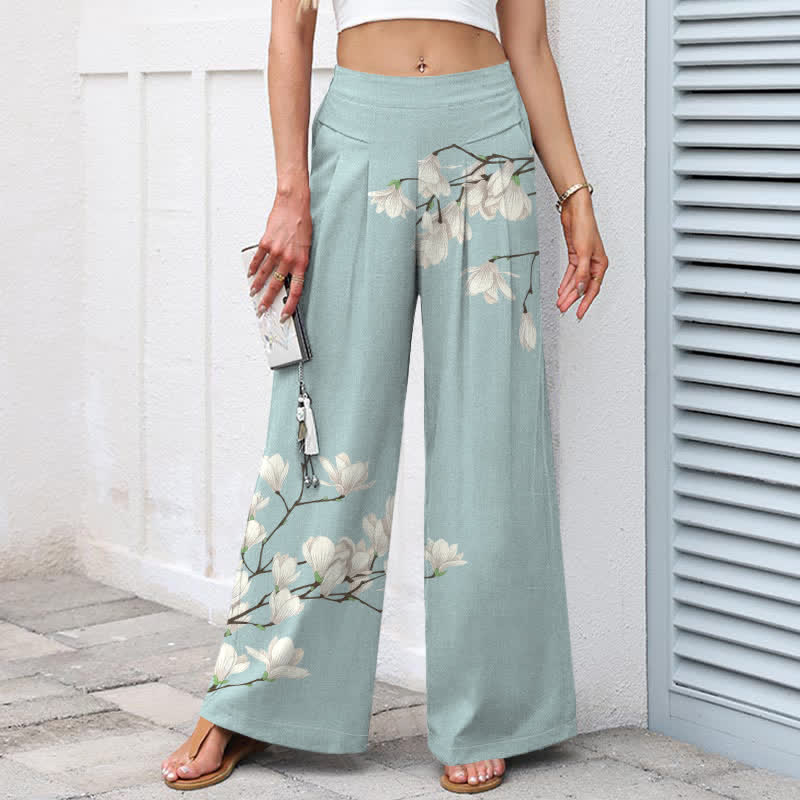 Buddha Stones Pantaloni da donna a gamba larga con elastico in vita e tasche, in cotone e lino, con fantasia floreale vintage. - image 1
