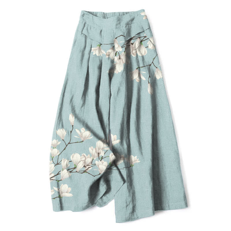 Buddha Stones Pantaloni da donna a gamba larga con elastico in vita e tasche, in cotone e lino, con fantasia floreale vintage. - Turchese pallido - US16, UK/AU20, EU48 (3XL) - image 0