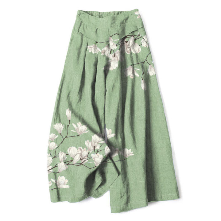Buddha Stones Pantaloni da donna a gamba larga con elastico in vita e tasche, in cotone e lino, con fantasia floreale vintage. - Verde pallido - US16, UK/AU20, EU48 (3XL) - image 5