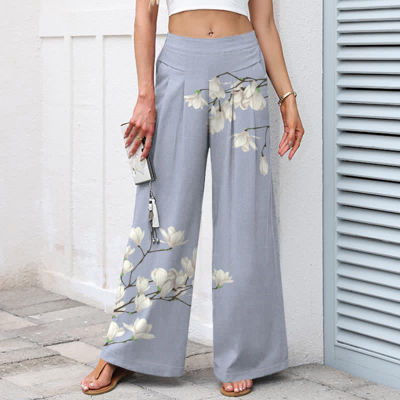 Buddha Stones Pantaloni da donna a gamba larga con elastico in vita e tasche, in cotone e lino, con fantasia floreale vintage. - image 8