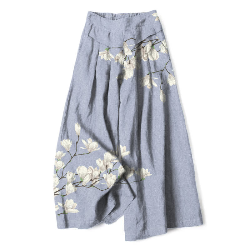 Buddha Stones Pantaloni da donna a gamba larga con elastico in vita e tasche, in cotone e lino, con fantasia floreale vintage. - Azzurro chiaro - US16, UK/AU20, EU48 (3XL) - image 7
