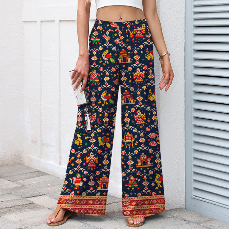 Buddha Stones Pantaloni da donna a gamba larga in cotone e lino con elastico in vita e motivo geometrico bohémien, con tasche. - image 1