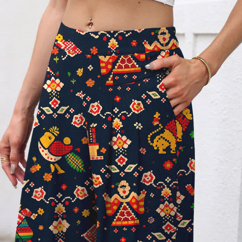 Buddha Stones Pantaloni da donna a gamba larga in cotone e lino con elastico in vita e motivo geometrico bohémien, con tasche. - image 2