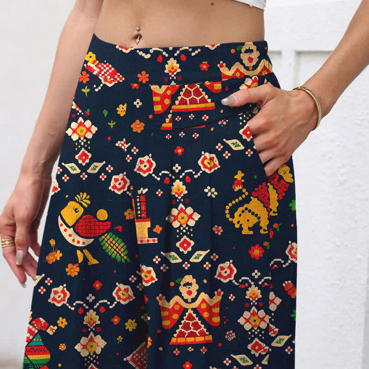 Buddha Stones Pantaloni da donna a gamba larga in cotone e lino con elastico in vita e motivo geometrico bohémien, con tasche. - image 2