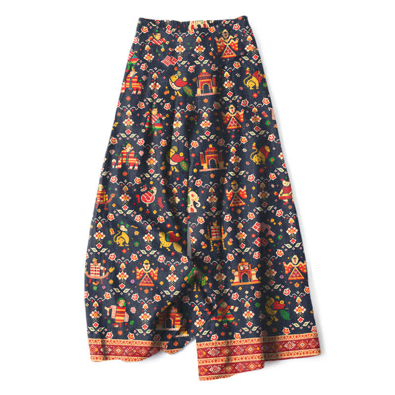 Buddha Stones Pantaloni da donna a gamba larga in cotone e lino con elastico in vita e motivo geometrico bohémien, con tasche. - Blu notte - US16, UK/AU20, EU48 (3XL) - image 0