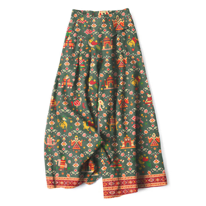 Buddha Stones Pantaloni da donna a gamba larga in cotone e lino con elastico in vita e motivo geometrico bohémien, con tasche. - Verde oliva scuro - US16, UK/AU20, EU48 (3XL) - image 5