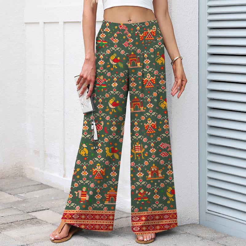 Buddha Stones Pantaloni da donna a gamba larga in cotone e lino con elastico in vita e motivo geometrico bohémien, con tasche. - image 6