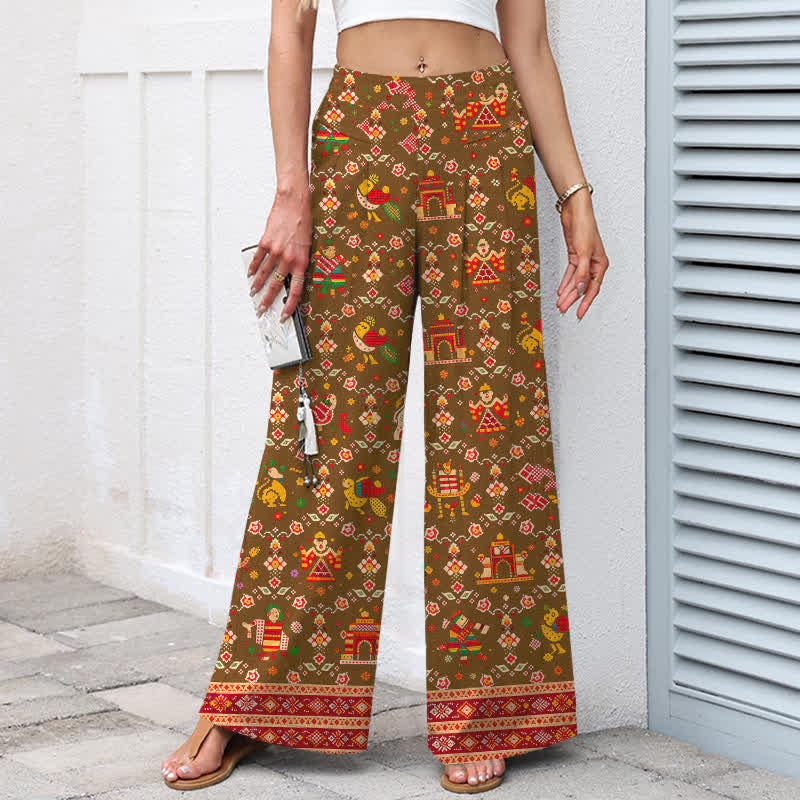 Buddha Stones Pantaloni da donna a gamba larga in cotone e lino con elastico in vita e motivo geometrico bohémien, con tasche. - image 8