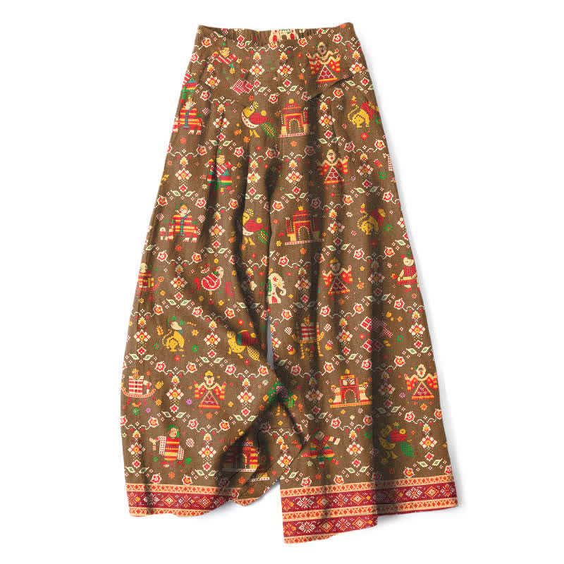 Buddha Stones Pantaloni da donna a gamba larga in cotone e lino con elastico in vita e motivo geometrico bohémien, con tasche. - Verga d'oro scura - US16, UK/AU20, EU48 (3XL) - image 7