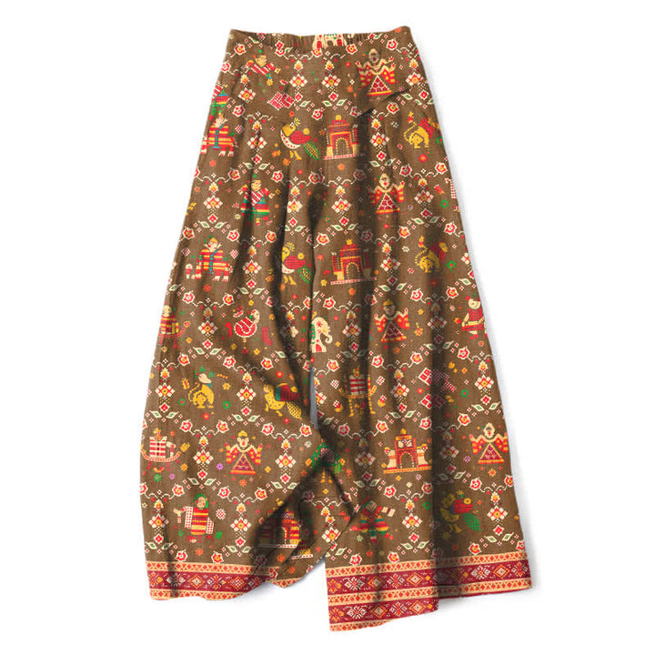 Buddha Stones Pantaloni da donna a gamba larga in cotone e lino con elastico in vita e motivo geometrico bohémien, con tasche. - Verga d'oro scura - US16, UK/AU20, EU48 (3XL) - image 7