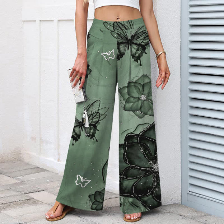 Buddha Stones Pantaloni da donna in cotone e lino con elastico in vita e gamba larga, fantasia floreale a farfalle, con tasche. - image 1