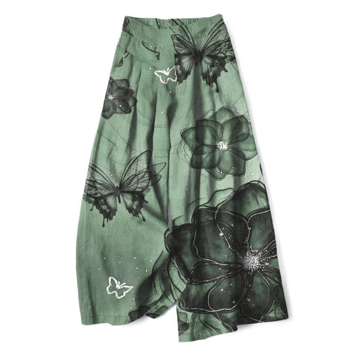 Buddha Stones Pantaloni da donna in cotone e lino con elastico in vita e gamba larga, fantasia floreale a farfalle, con tasche. - Acquamarina media - US16, UK/AU20, EU48 (3XL) - image 0