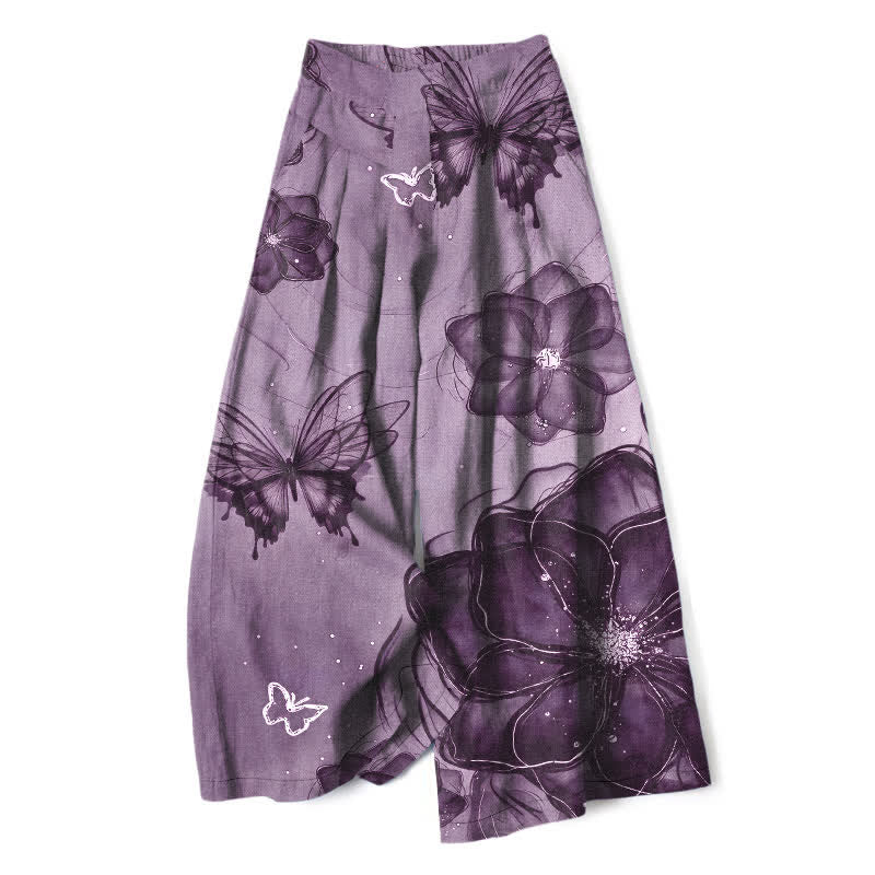 Buddha Stones Pantaloni da donna in cotone e lino con elastico in vita e gamba larga, fantasia floreale a farfalle, con tasche. - Viola medio - US16, UK/AU20, EU48 (3XL) - image 5