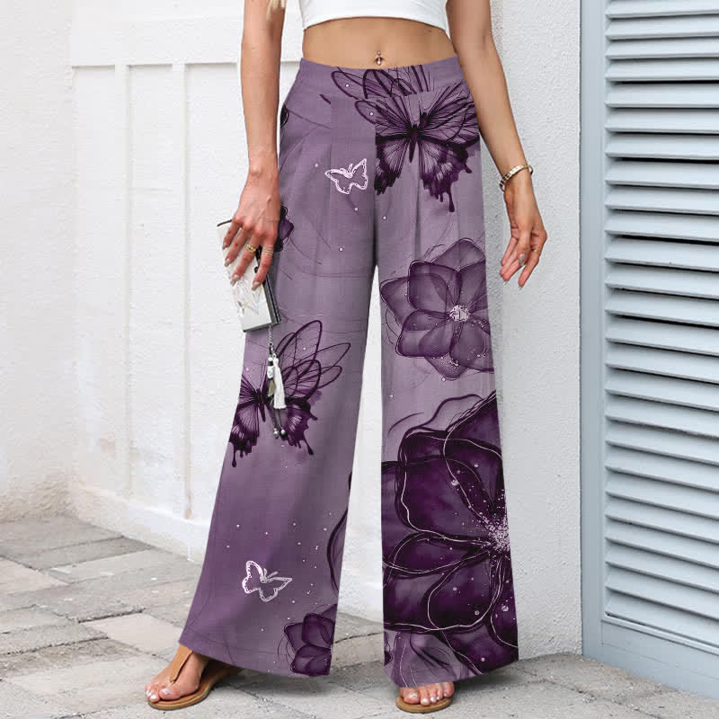 Buddha Stones Pantaloni da donna in cotone e lino con elastico in vita e gamba larga, fantasia floreale a farfalle, con tasche. - image 6
