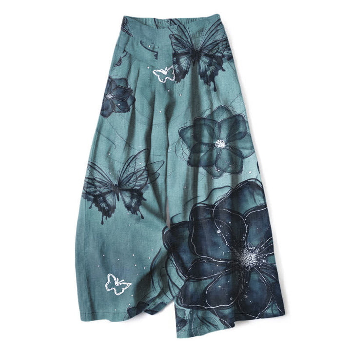 Buddha Stones Pantaloni da donna in cotone e lino con elastico in vita e gamba larga, fantasia floreale a farfalle, con tasche. - Turchese medio - US16, UK/AU20, EU48 (3XL) - image 7