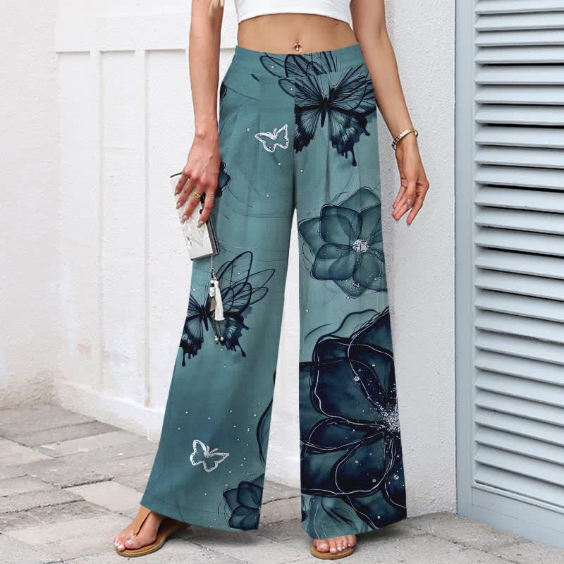 Buddha Stones Pantaloni da donna in cotone e lino con elastico in vita e gamba larga, fantasia floreale a farfalle, con tasche. - image 8