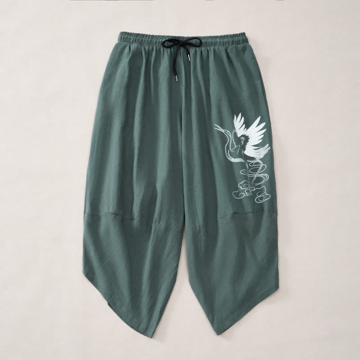 Buddha Stones Pantaloni Capri estivi casual vintage con coulisse e stampa gru, pantaloni harem da uomo con tasca - image 2