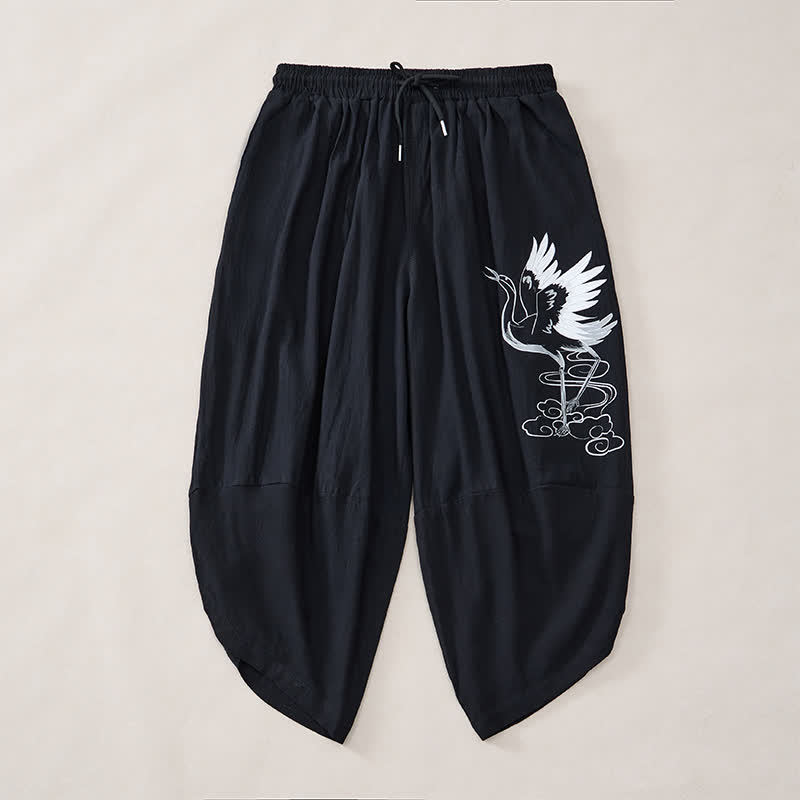 Buddha Stones Pantaloni Capri estivi casual vintage con coulisse e stampa gru, pantaloni harem da uomo con tasca - image 11