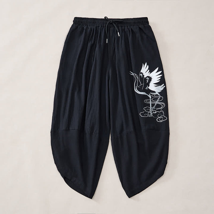 Buddha Stones Pantaloni Capri estivi casual vintage con coulisse e stampa gru, pantaloni harem da uomo con tasca - image 11