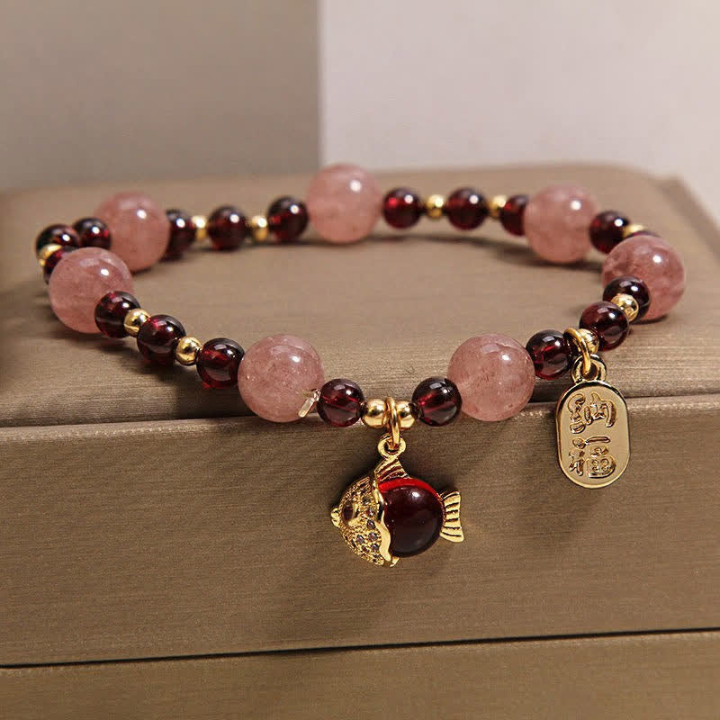 Buddha Stones Braccialetto curativo con personaggio Fu, quarzo fragola, granato e pesce koi. - image 2