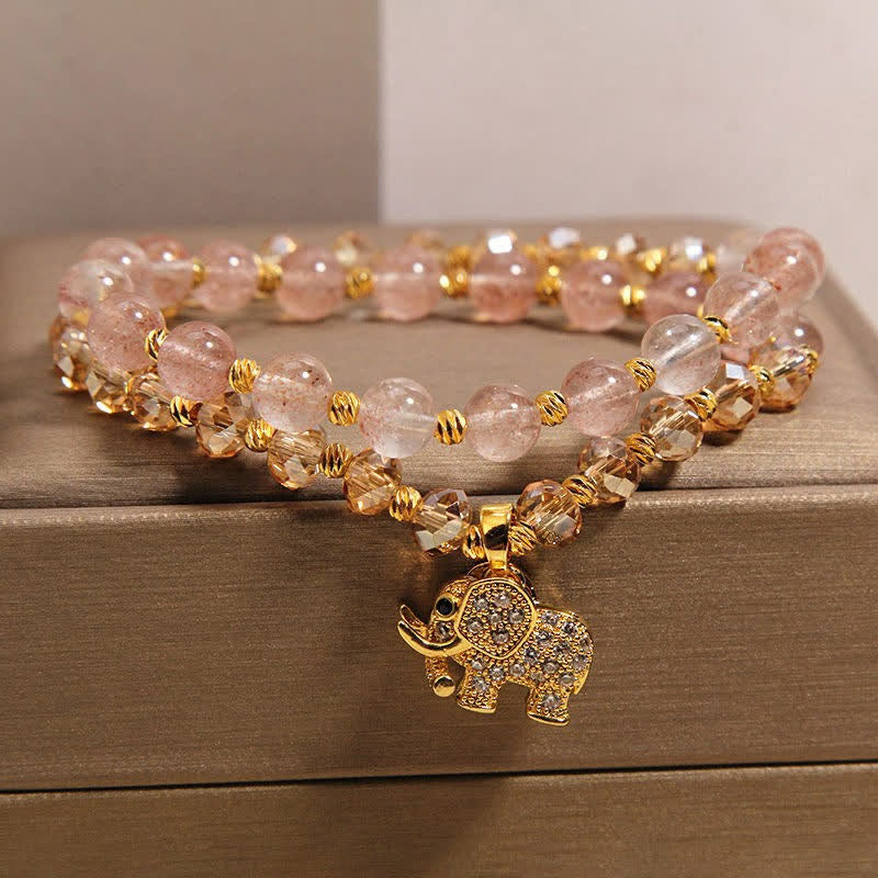 Buddha Stones Bracciale a doppio giro con elefante in quarzo fragola per la guarigione energetica - image 1