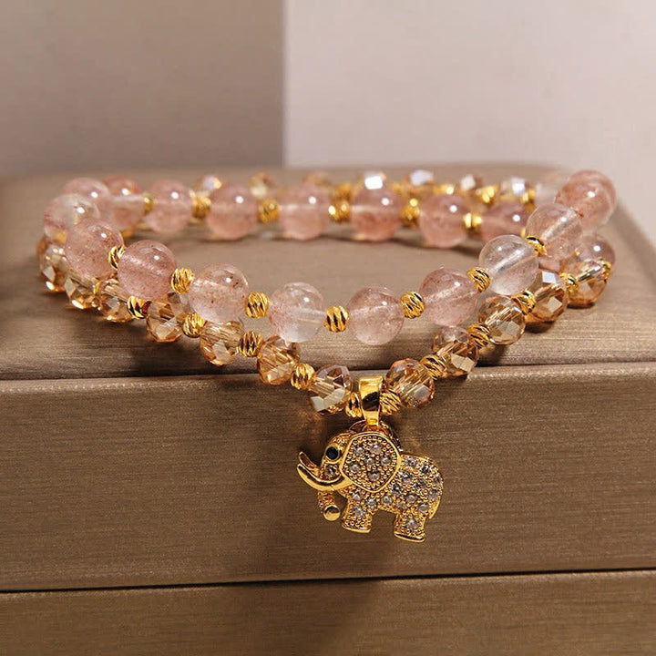 Buddha Stones Bracciale a doppio giro con elefante in quarzo fragola per la guarigione energetica - image 1