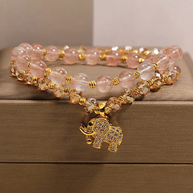 Buddha Stones Bracciale a doppio giro con elefante in quarzo fragola per la guarigione energetica - Elefante (Forza ♥ Saggezza) - image 0
