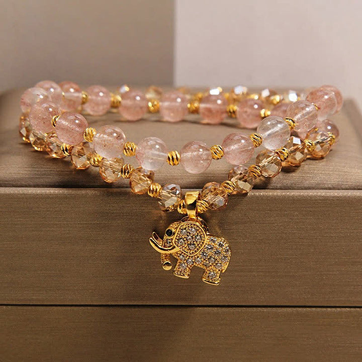 Buddha Stones Bracciale a doppio giro con elefante in quarzo fragola per la guarigione energetica - Elefante (Forza ♥ Saggezza) - image 0