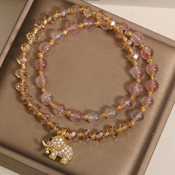Buddha Stones Bracciale a doppio giro con elefante in quarzo fragola per la guarigione energetica - image 4