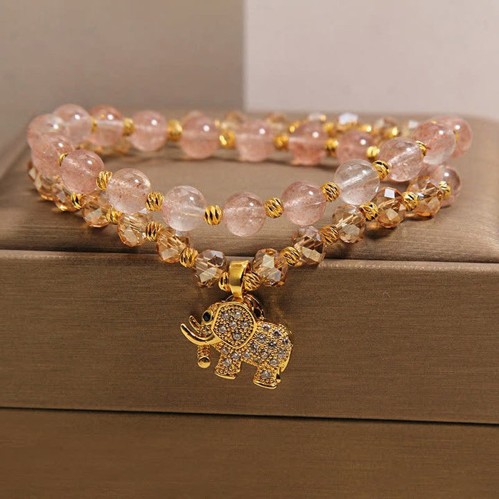 Buddha Stones Bracciale a doppio giro con elefante in quarzo fragola per la guarigione energetica - image 2