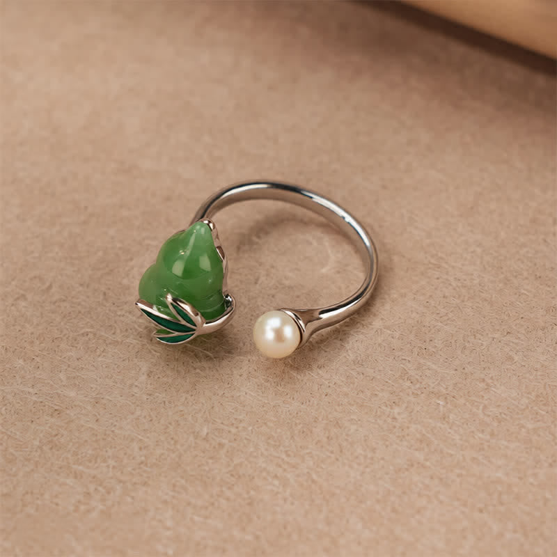 Buddha Stones Anello positivo regolabile a forma di zucca in avventurina verde con foglia di perla - image 2