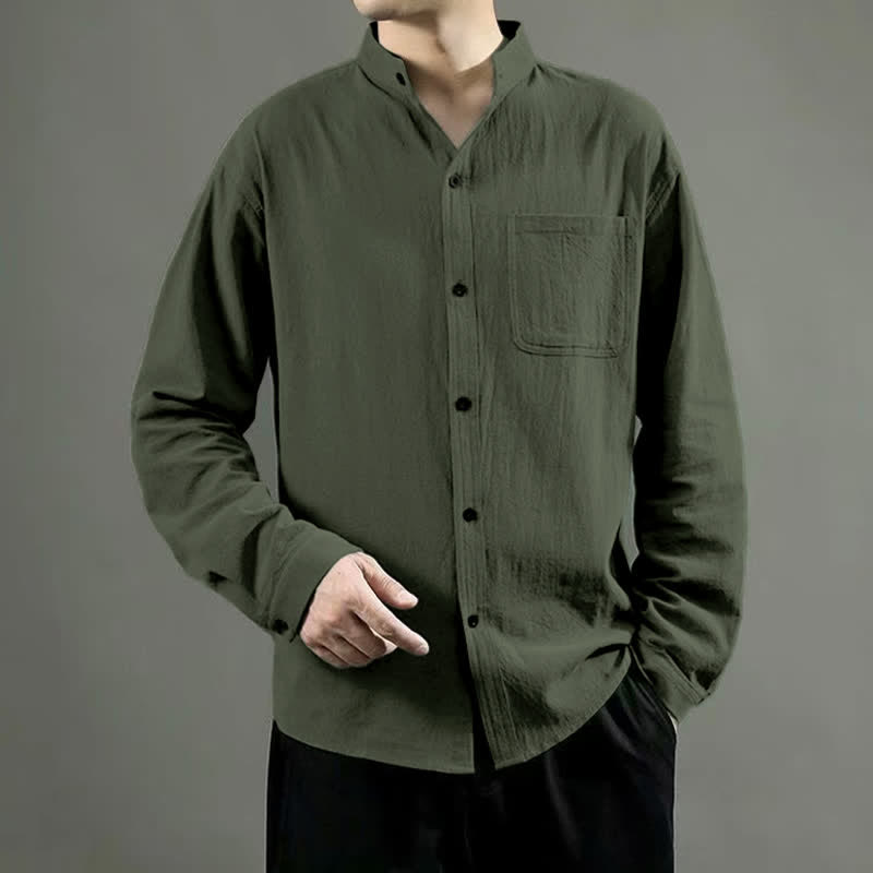 Camicia da uomo a maniche lunghe con taschino e colletto alto, Buddha Stones, comoda e confortevole. - Verde oliva - US/UK/AU46, EU56 (5XL) - image 0