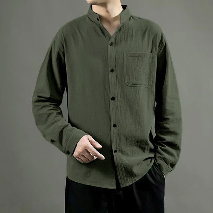 Camicia da uomo a maniche lunghe con taschino e colletto alto, Buddha Stones, comoda e confortevole. - Verde oliva - US/UK/AU46, EU56 (5XL) - image 0