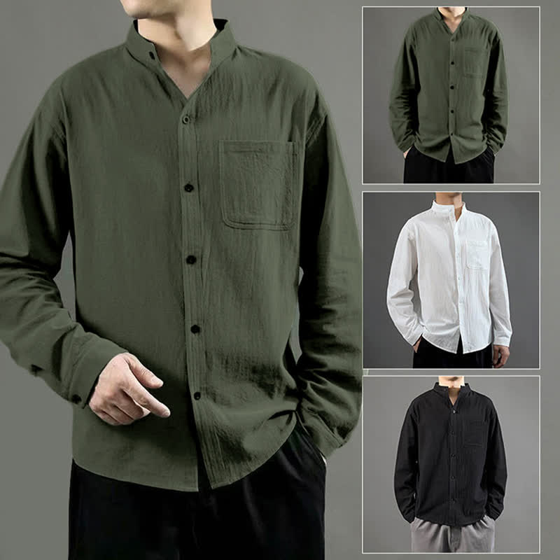 Camicia da uomo a maniche lunghe con taschino e colletto alto, Buddha Stones, comoda e confortevole. - image 8
