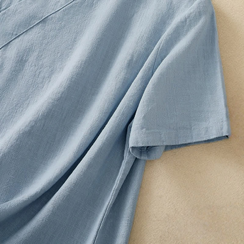 Abito da donna in cotone e lino con maniche a tre quarti, colletto obliquo e bottoni a rana colorati, stile casual Buddha Stones, camicia casual in cotone e lino con maniche a tre quarti. - image 21