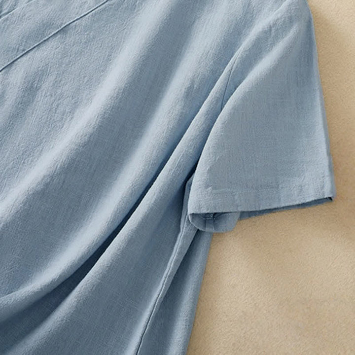 Abito da donna in cotone e lino con maniche a tre quarti, colletto obliquo e bottoni a rana colorati, stile casual Buddha Stones, camicia casual in cotone e lino con maniche a tre quarti. - image 21