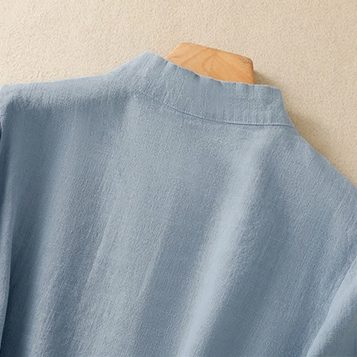 Abito da donna in cotone e lino con maniche a tre quarti, colletto obliquo e bottoni a rana colorati, stile casual Buddha Stones, camicia casual in cotone e lino con maniche a tre quarti. - image 18