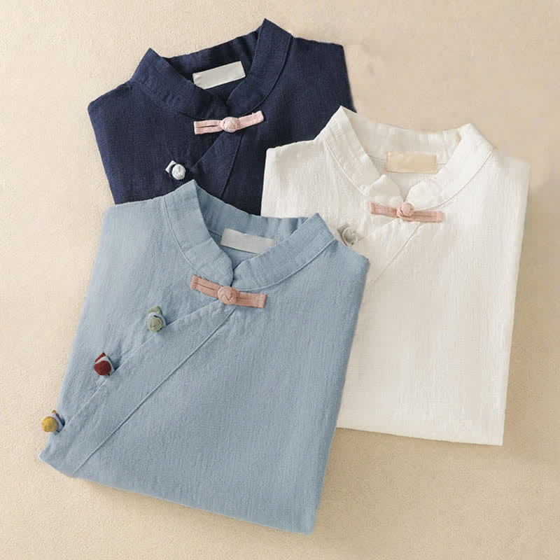 Abito da donna in cotone e lino con maniche a tre quarti, colletto obliquo e bottoni a rana colorati, stile casual Buddha Stones, camicia casual in cotone e lino con maniche a tre quarti. - image 25