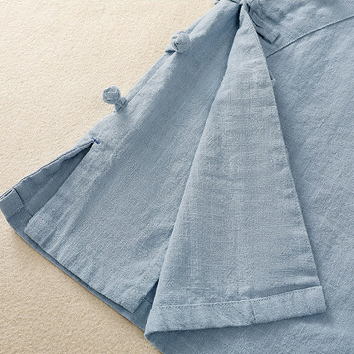 Abito da donna in cotone e lino con maniche a tre quarti, colletto obliquo e bottoni a rana colorati, stile casual Buddha Stones, camicia casual in cotone e lino con maniche a tre quarti. - image 23
