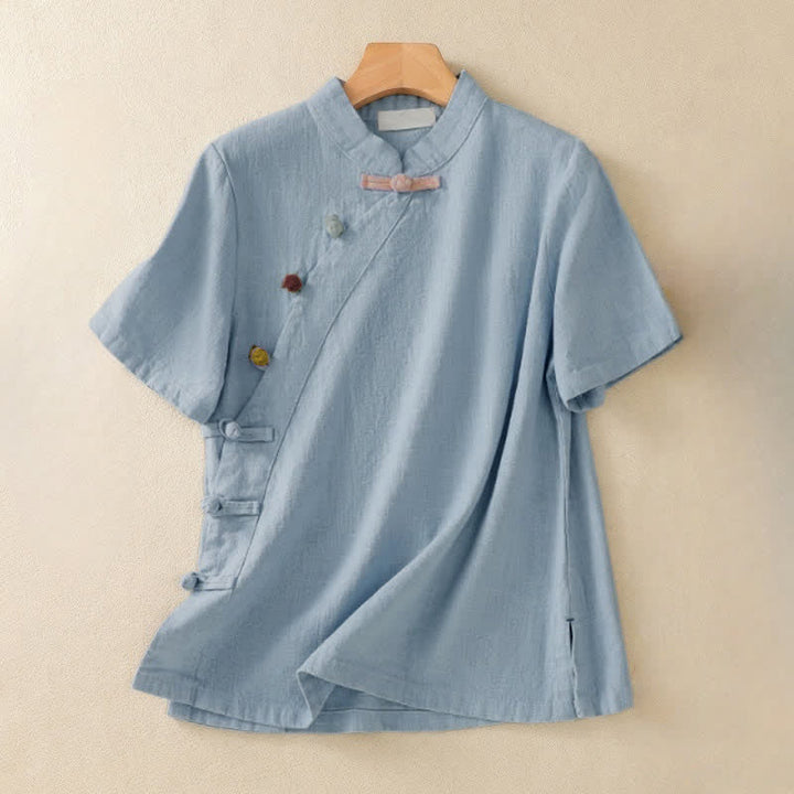 Abito da donna in cotone e lino con maniche a tre quarti, colletto obliquo e bottoni a rana colorati, stile casual Buddha Stones, camicia casual in cotone e lino con maniche a tre quarti. - Azzurro cielo chiaro - US8-10, UK/AU12-14, EU40-42 (2XL) - image 15
