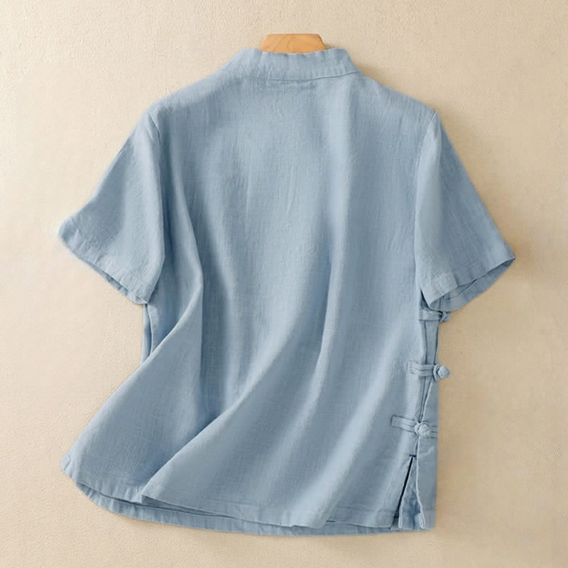 Abito da donna in cotone e lino con maniche a tre quarti, colletto obliquo e bottoni a rana colorati, stile casual Buddha Stones, camicia casual in cotone e lino con maniche a tre quarti. - image 16