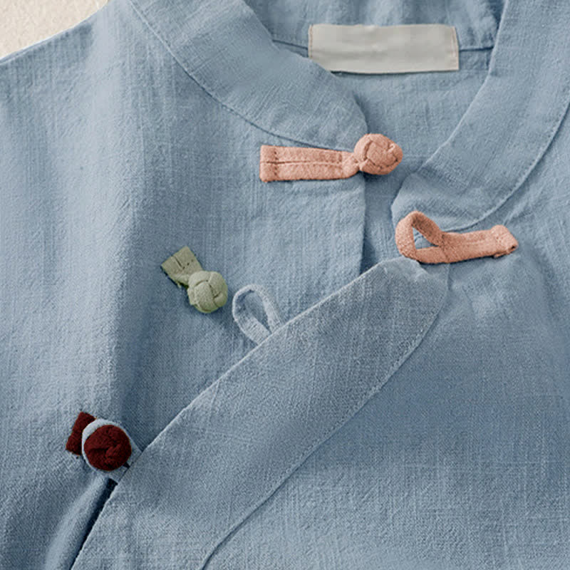 Abito da donna in cotone e lino con maniche a tre quarti, colletto obliquo e bottoni a rana colorati, stile casual Buddha Stones, camicia casual in cotone e lino con maniche a tre quarti. - image 19