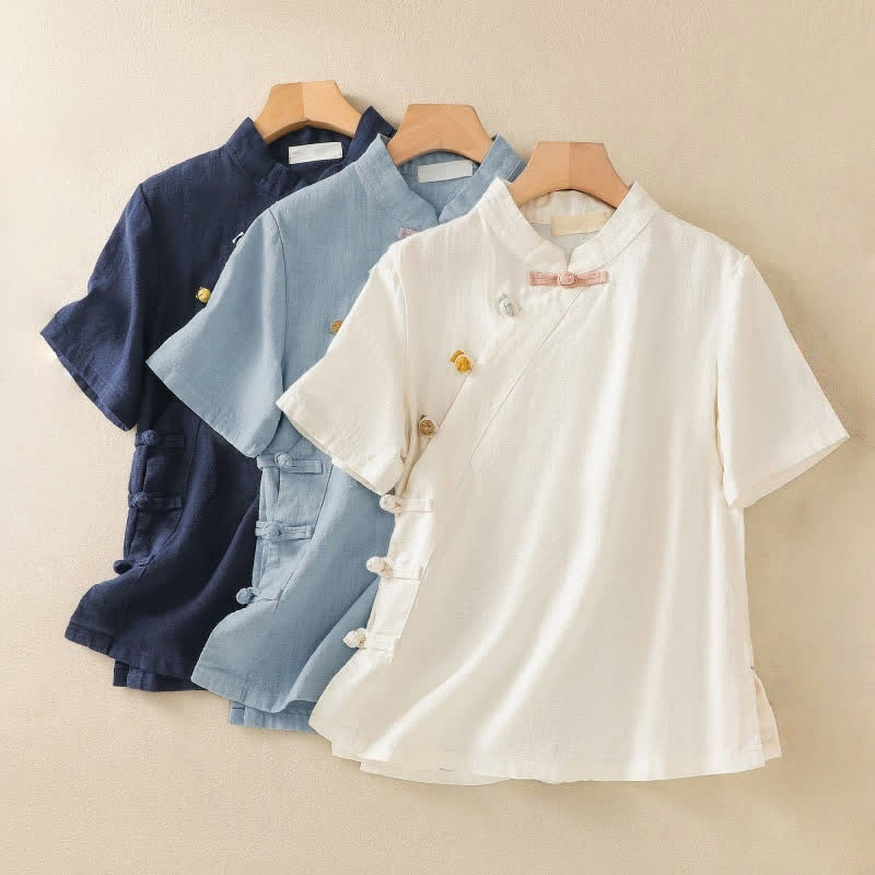 Abito da donna in cotone e lino con maniche a tre quarti, colletto obliquo e bottoni a rana colorati, stile casual Buddha Stones, camicia casual in cotone e lino con maniche a tre quarti. - image 24