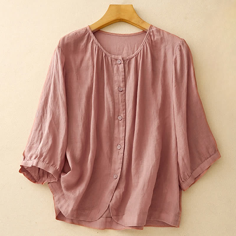Camicia da donna con maniche a tre quarti e scollo rotondo con bottoni semplici e motivo Buddha Stones - Rosso viola pallido - US12, UK/AU16, EU44 (2XL) - image 6