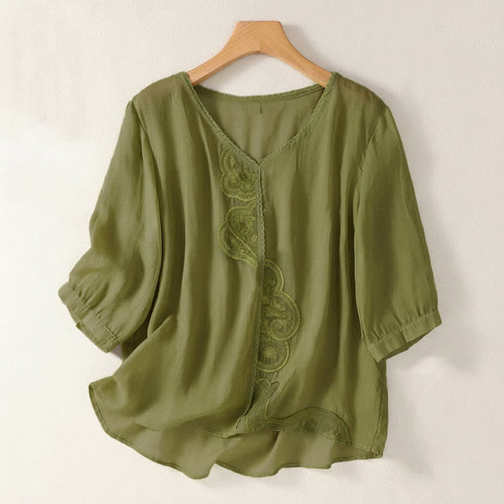 T-shirt da donna a maniche corte con scollo a V e ricamo a motivo Buddha Stones. - GialloVerde - US14, UK/AU18, EU46 (2XL) - image 16