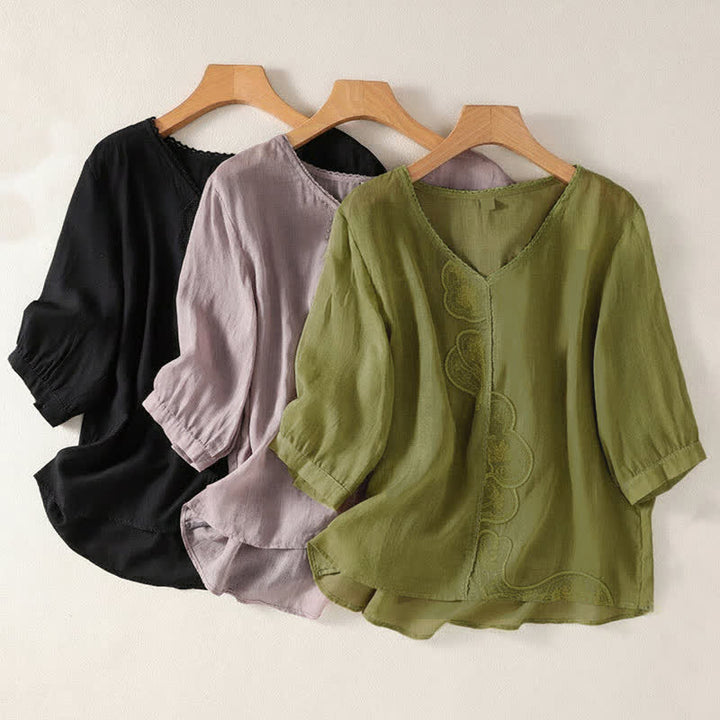 T-shirt da donna a maniche corte con scollo a V e ricamo a motivo Buddha Stones. - image 25