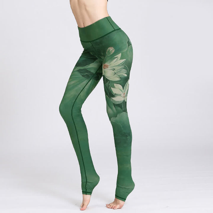 Pantaloni da yoga sportivi da donna con stampa di fiori di loto Buddha Stones - Loto Verde - US8-10, UK/AU12-14, EU40-42 (XL) - image 0