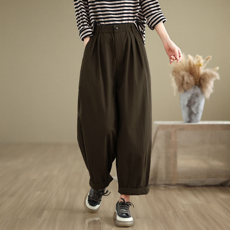 Pantaloni da donna con elastico in vita, casual, tinta unita, con un bottone superiore e tasche , Buddha Stones - image 3